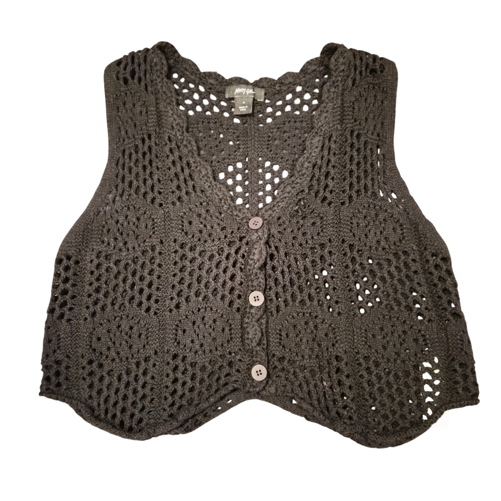 Nasty Gal Black Crochet Knit Button Front Vest Boho V-Neck Size M